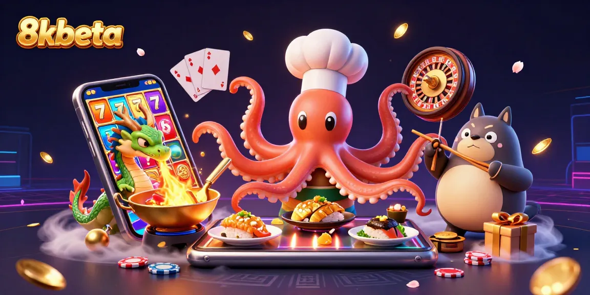 Bet on slot games at 8kbeta with a dynamic scene featuring an octopus chef, luck symbols, and vibrant gameplay.
