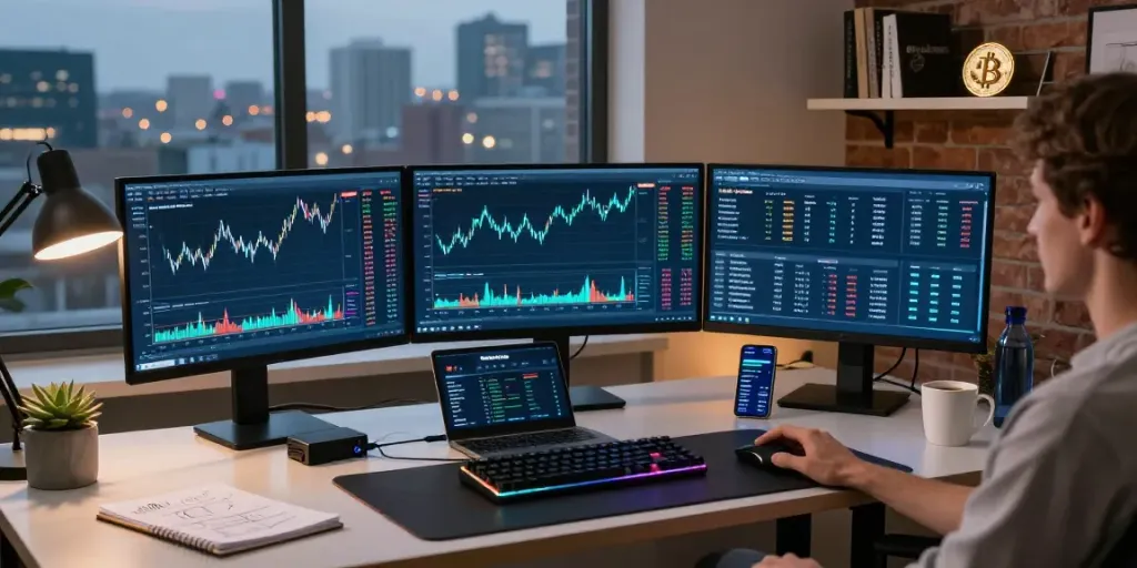 Bohemium AI trading v profesionální kripto pracovně s grafy a digitálními peněženkami