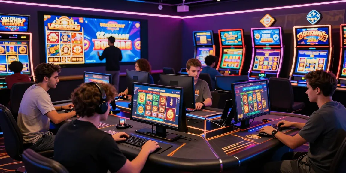 Spieler, die fröhlich an einem Paysafe Card Casino teilnehmen, umgeben von lebhaften Spielautomaten und einer mitreißenden Spielatmosphäre.