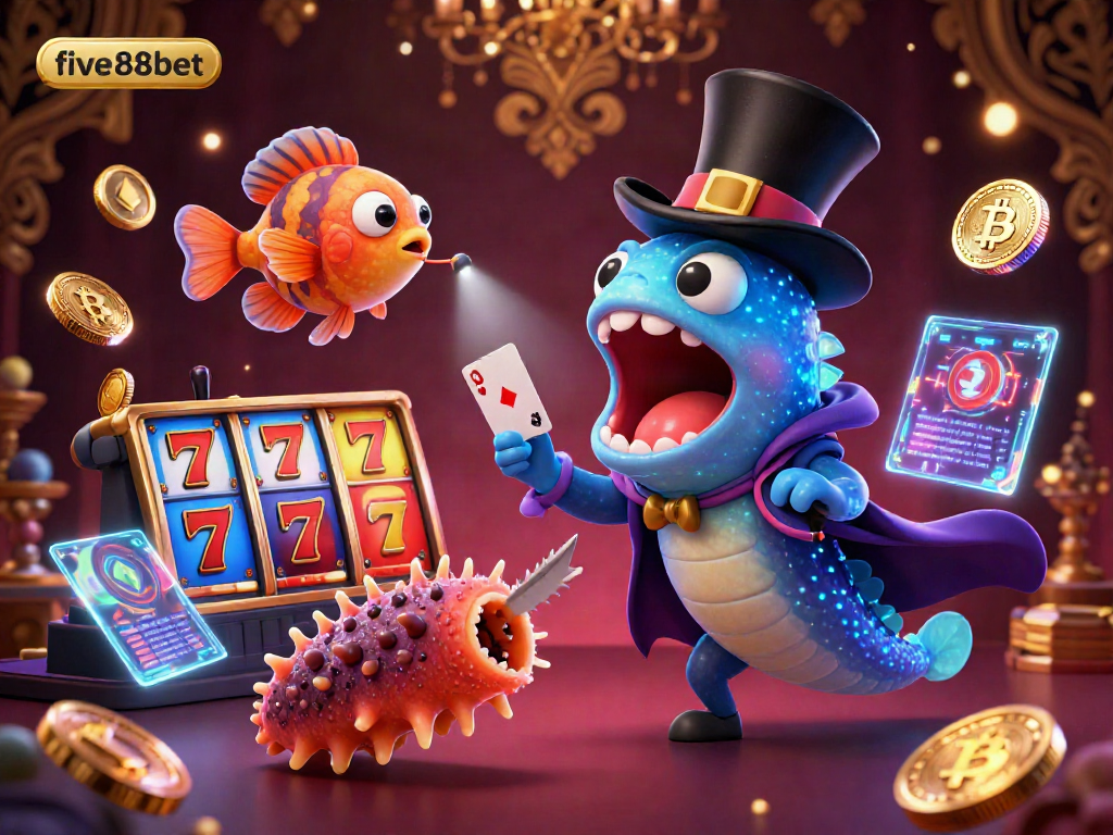 Engage with five88bet logo featuring a magical underwater casino scene with vibrant card tricks and glowing crypto coins.