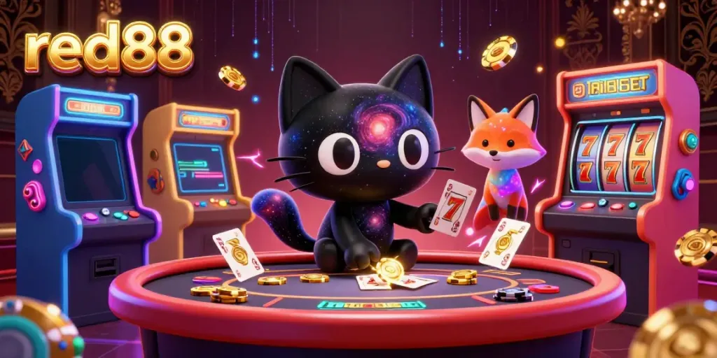 Experience the cosmic charm of red88 with the black hole cat and nebula fox at a vibrant casino table.