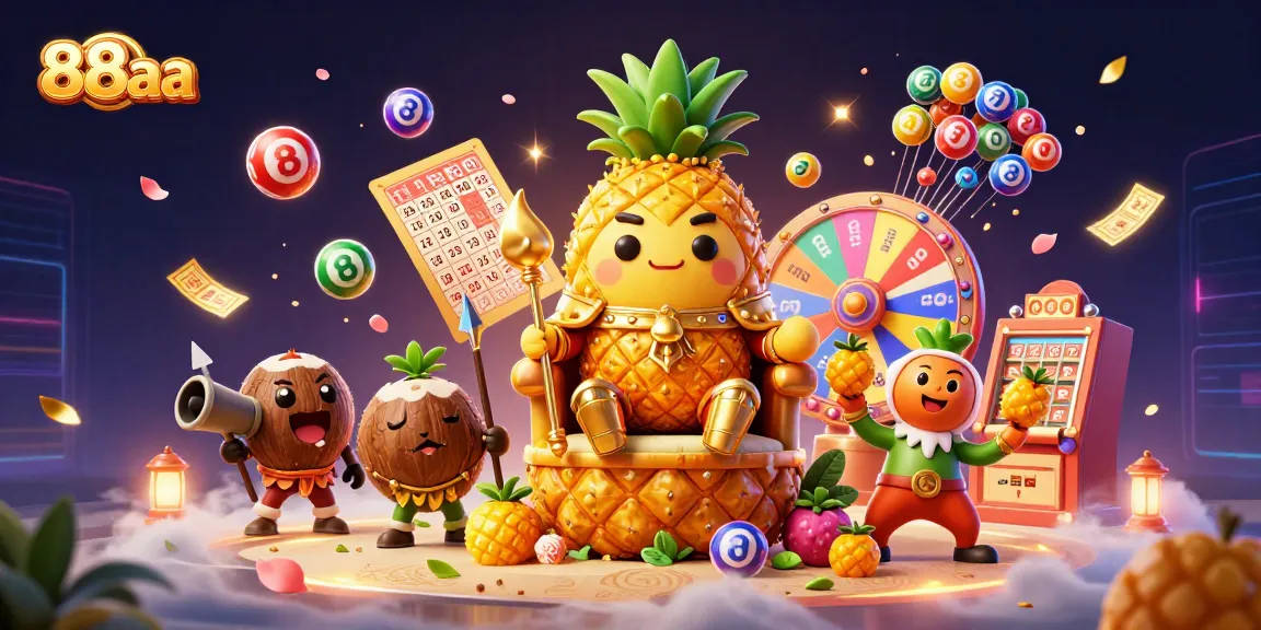 Engage with 88aa's dynamic casino adventure, featuring a golden pineapple king and vibrant lottery elements.