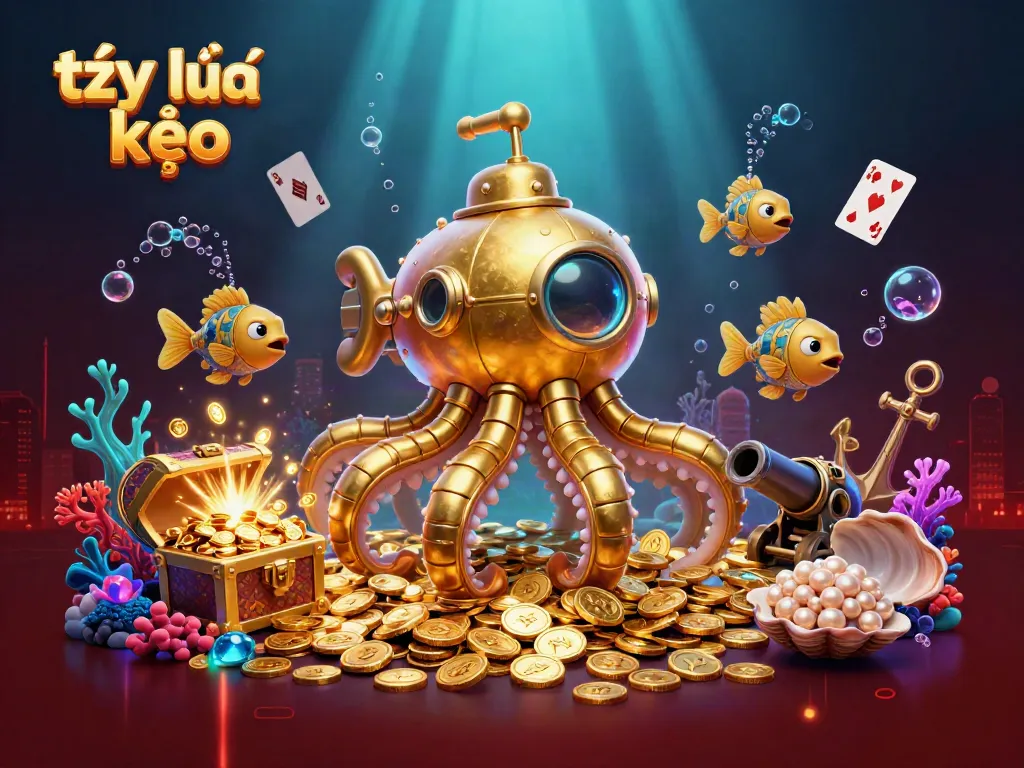 Engage with tỷ lệ kèo strategy through vibrant casino-themed 3D art featuring fish and treasure.