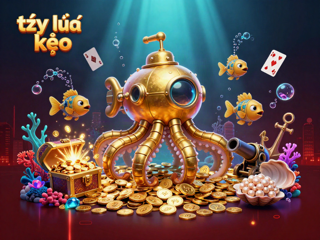 Engage with tỷ lệ kèo strategy through vibrant casino-themed 3D art featuring fish and treasure.