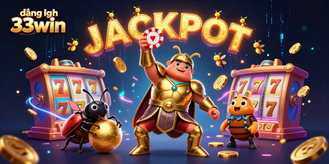 Engage in exciting gameplay with đăng nhập 33win, visualized by a heroic beetle lifting a poker chip amidst slot reels and golden coins.