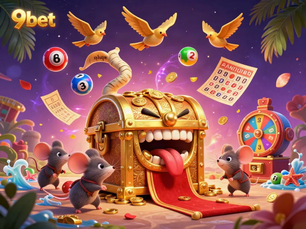Engage with 9bet's vibrant gaming scene featuring a cartoon treasure chest luring adventurer mice with booming prizes.