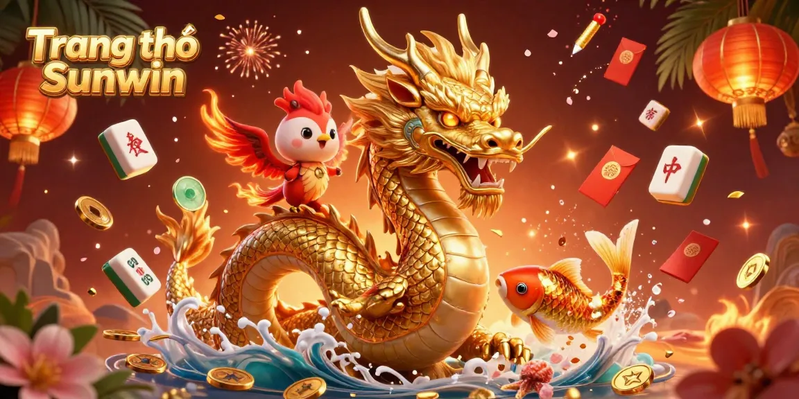Engage with thrilling games at Trang chủ Sunwin's vibrant casino scene showcasing a dragon, phoenix, and koi fish amid gaming elements.