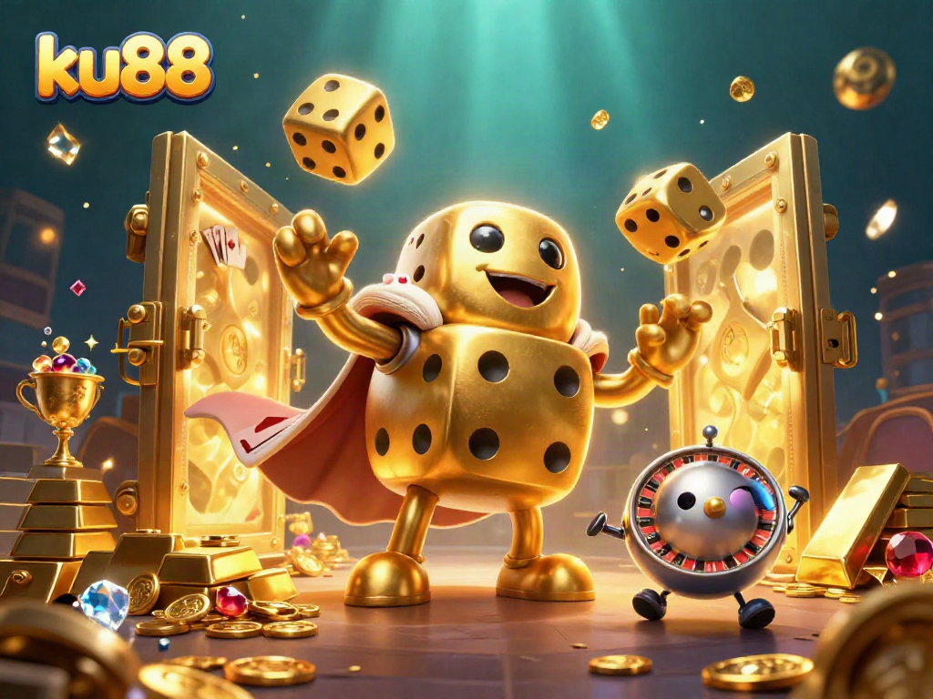 Experience the thrilling world of ku88 with a dazzling 3D casino scene featuring golden dice and treasures.