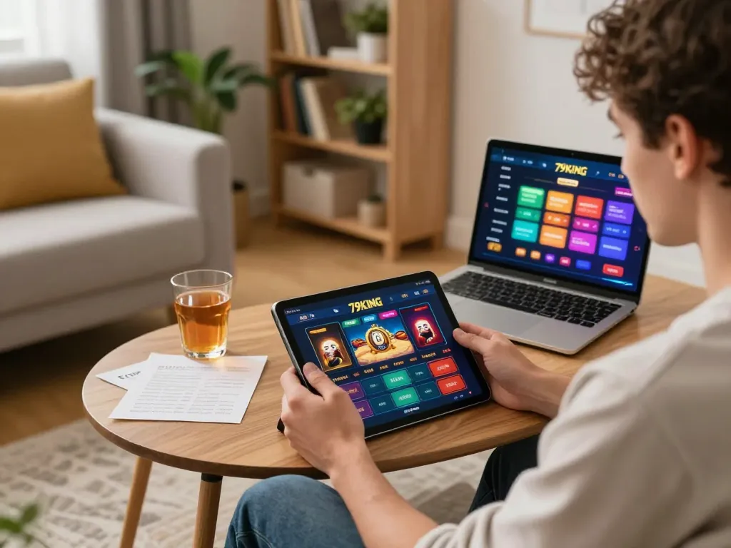 Player engaging with 79KING casino app in a cozy home setting, showcasing online gambling strategy.
