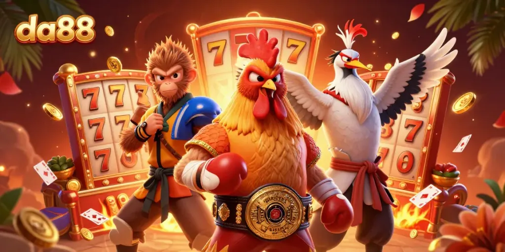 Experience the vibrant action of da88 with a dynamic illustration of unique characters and slots games.