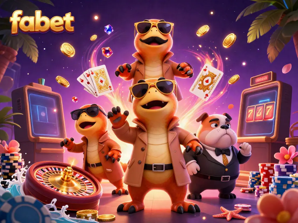 Fabet casino scene with raptors in a trench coat and gems, showcasing engaging gambling action.