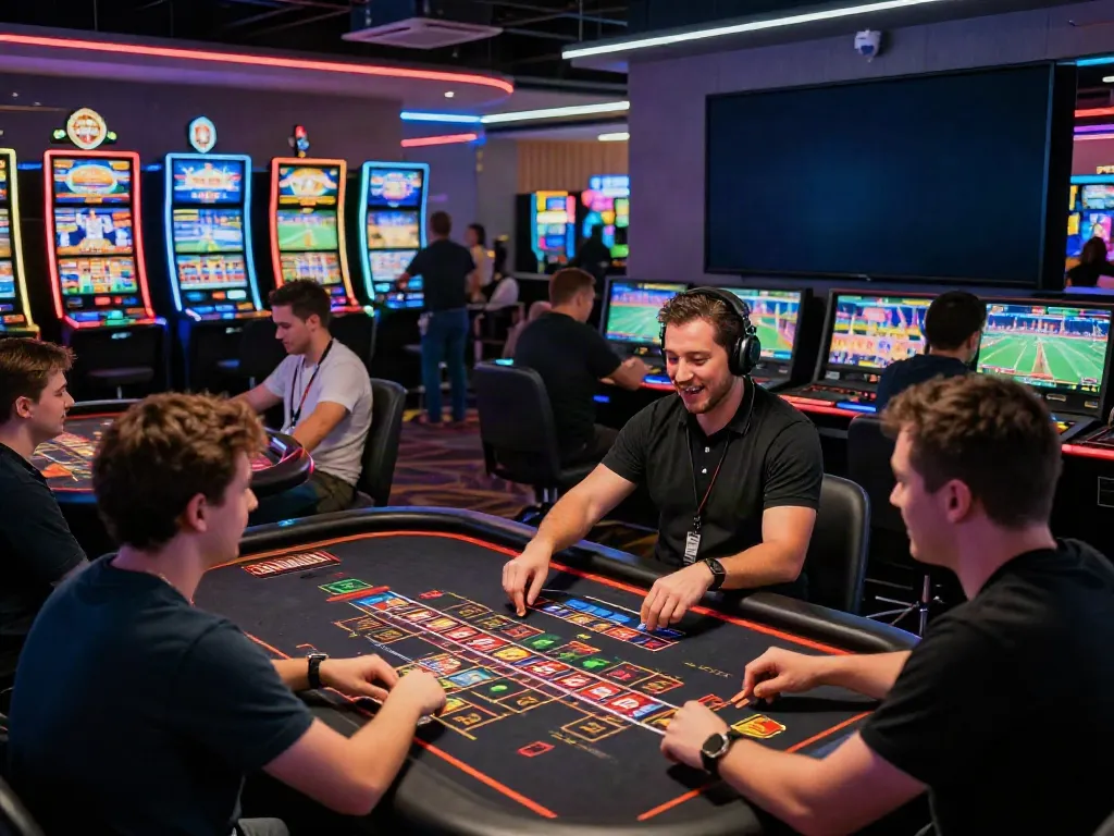 Exciting gaming atmosphere showcasing players at https://red88.limited/ with live sports and games in a modern lounge.