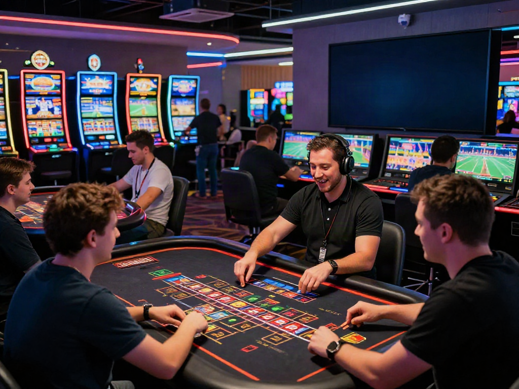 Exciting gaming atmosphere showcasing players at https://red88.limited/ with live sports and games in a modern lounge.