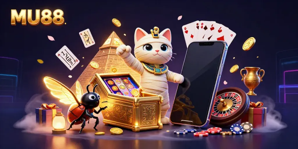 Experience the excitement of MU88 with an Egyptian mummy cat bursting from a sarcophagus amidst vibrant casino elements.