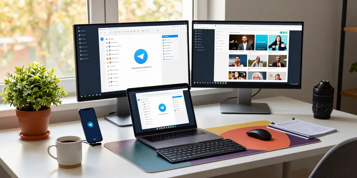 User engaging with the Telegram web version on a laptop in a modern workspace, showcasing chat interface and digital tools.
