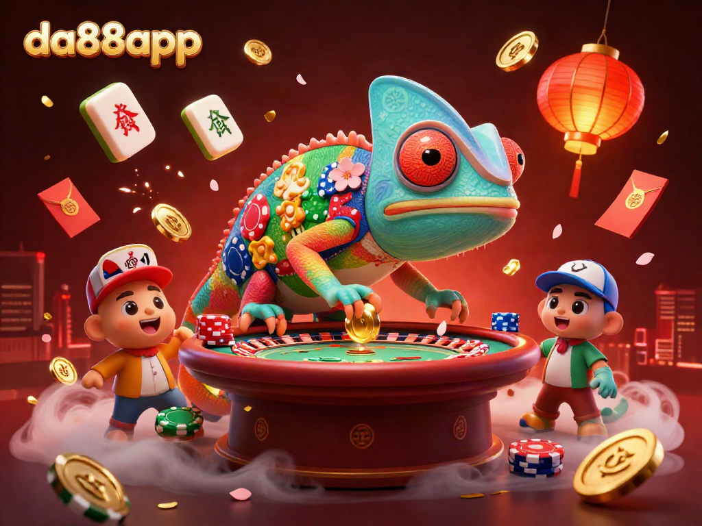 Experience the dynamic casino world of da88app with a colorful chameleon owner amidst exciting gambling elements.