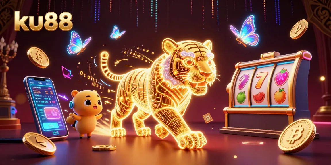 ku88 showcases a vibrant illustration of casino excitement with crypto elements and a glowing tiger.