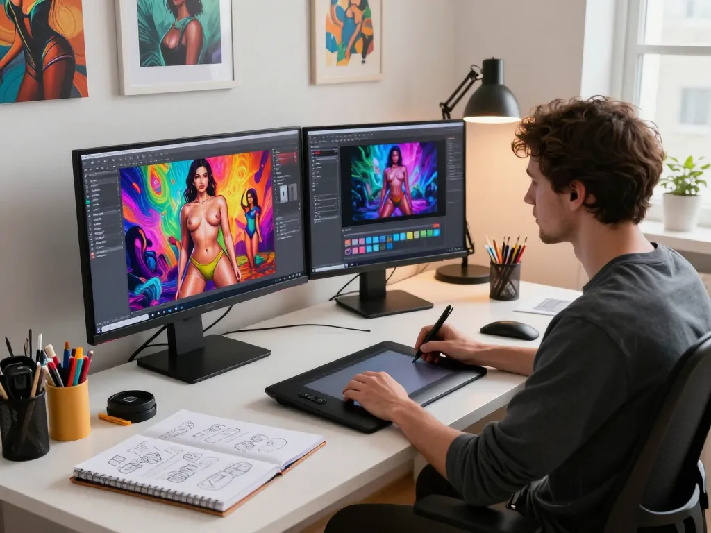 Creative professional designing AI porn visuals in a modern digital art studio.