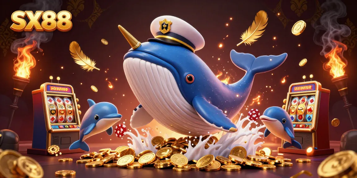 SX88 showcases a vibrant scene of a cartoon whale and dolphins playing poker amidst golden coins, illustrating casino excitement.