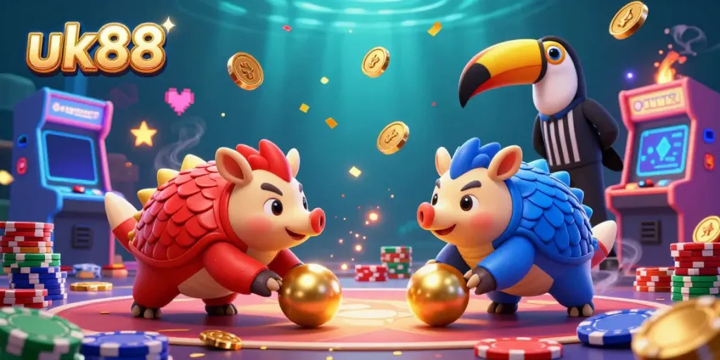 Experience thrilling gaming at uk88 with rival pangolins bowling through poker chips and a lively arcade backdrop.