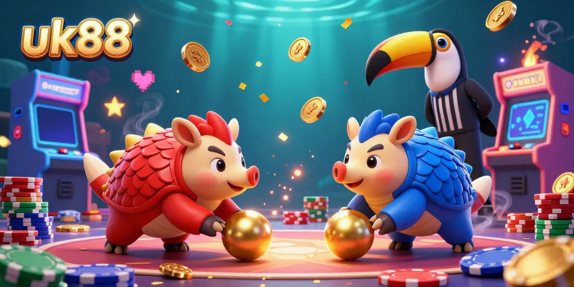 Experience thrilling gaming at uk88 with rival pangolins bowling through poker chips and a lively arcade backdrop.