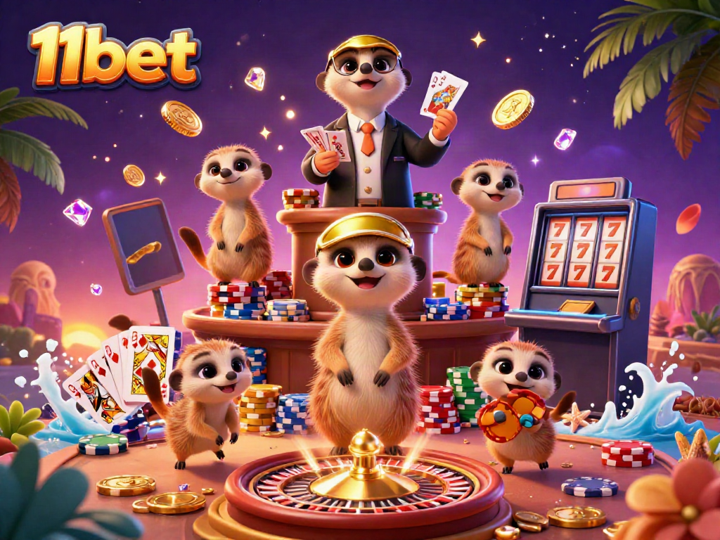 Meerkats engaging in a lively casino scene showcasing 11bet with vibrant casino elements.
