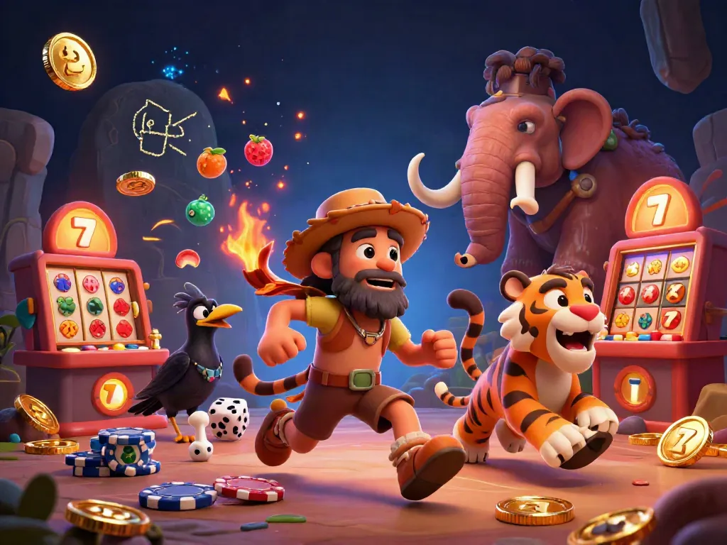 Experience thrilling gameplay at vipwin with a lively prehistoric casino scene featuring a caveman, sabertooth tiger, and a clever crow in an animated style.