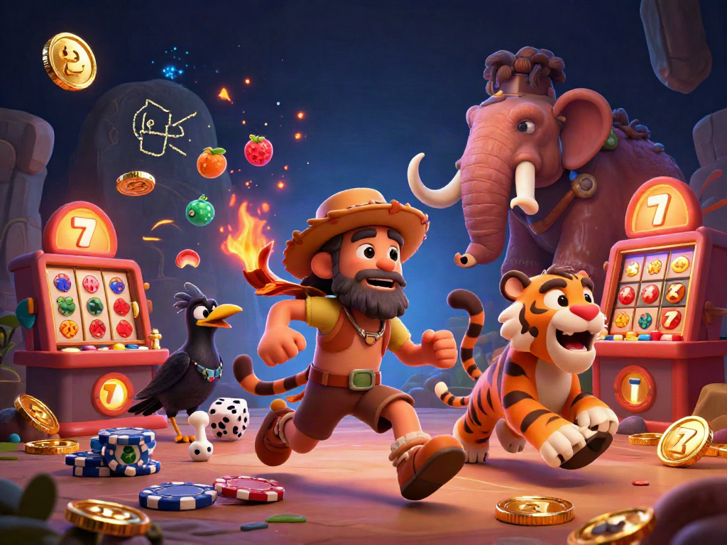 Experience thrilling gameplay at vipwin with a lively prehistoric casino scene featuring a caveman, sabertooth tiger, and a clever crow in an animated style.