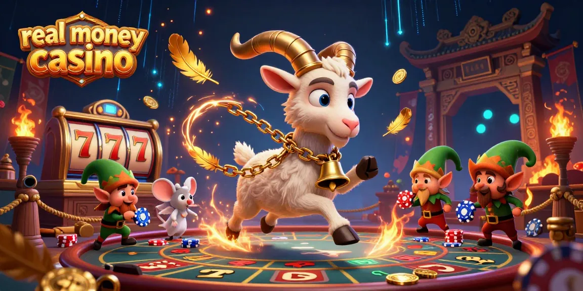 Engaging scene of a real money casino led by a Krampus goat, showcasing festive chaos and thrilling gameplay.