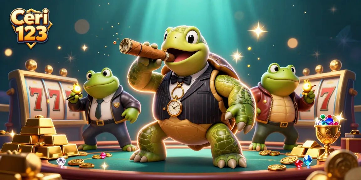 Ceri 123 offers thrilling slot adventures with a cartoon turtle mobster surrounded by slots and treasures.