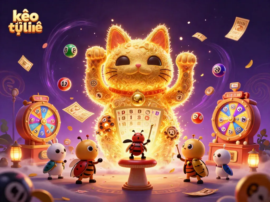 Experience kèo trực tuyến with a vibrant, animated scene featuring a lucky cat and dynamic casino elements.