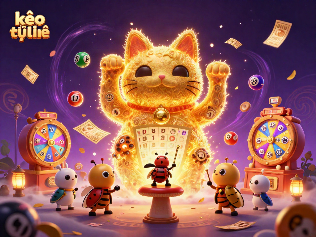 Experience kèo trực tuyến with a vibrant, animated scene featuring a lucky cat and dynamic casino elements.