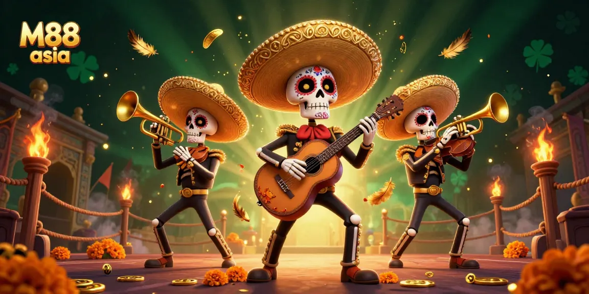 Experience the thrill of M88 asia with a vibrant 3D illustration of a festive mariachi band in a dynamic casino scene.