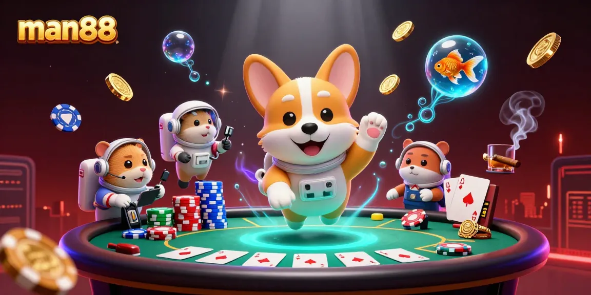 Experience thrilling moments at man88, where an astronaut corgi navigates a floating casino world.
