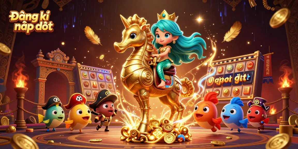 Engage with Đăng ký nạp đầu as a vibrant cartoon scene of a mermaid, gold coins, and slot elements.