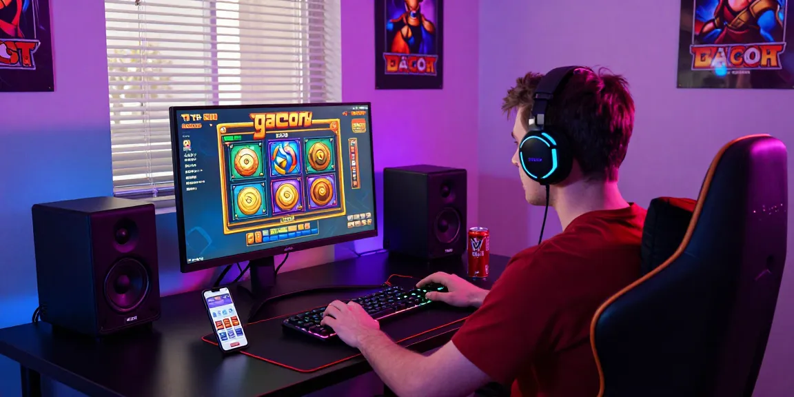 Engaged player enjoying slot gacor games on vibrant gaming setup with ambient neon lights.
